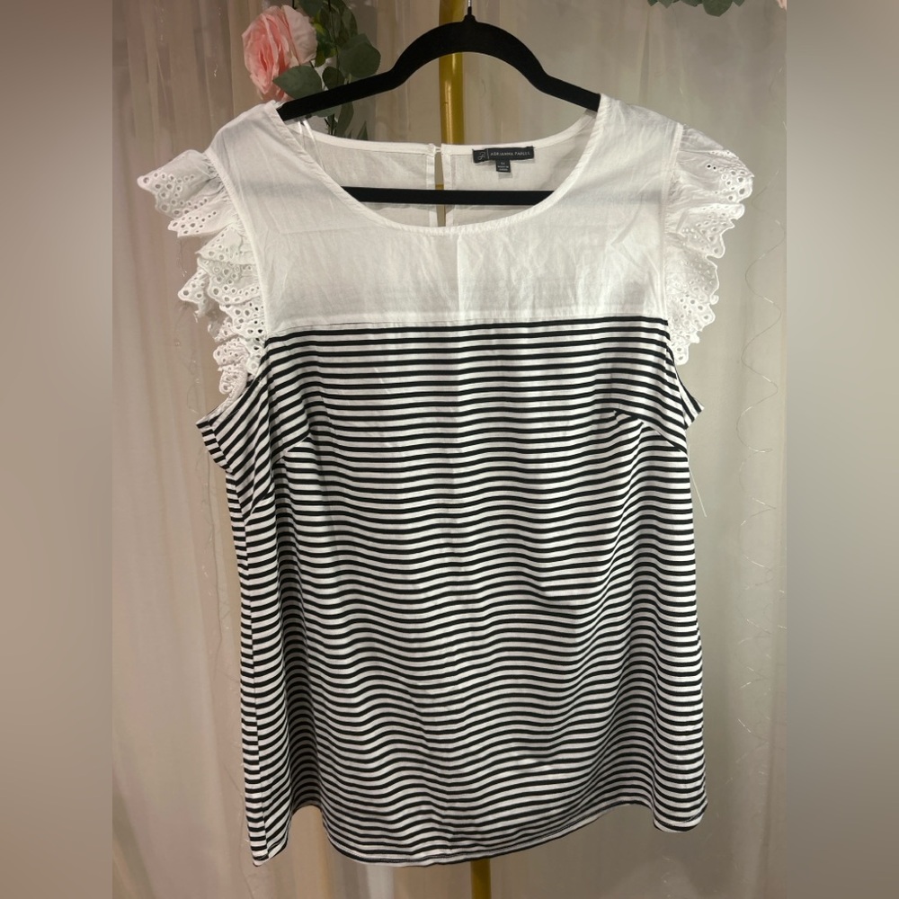 Adrianna Papell Striped Blouse Lace Ruffle Sleeve Top Black White 1X